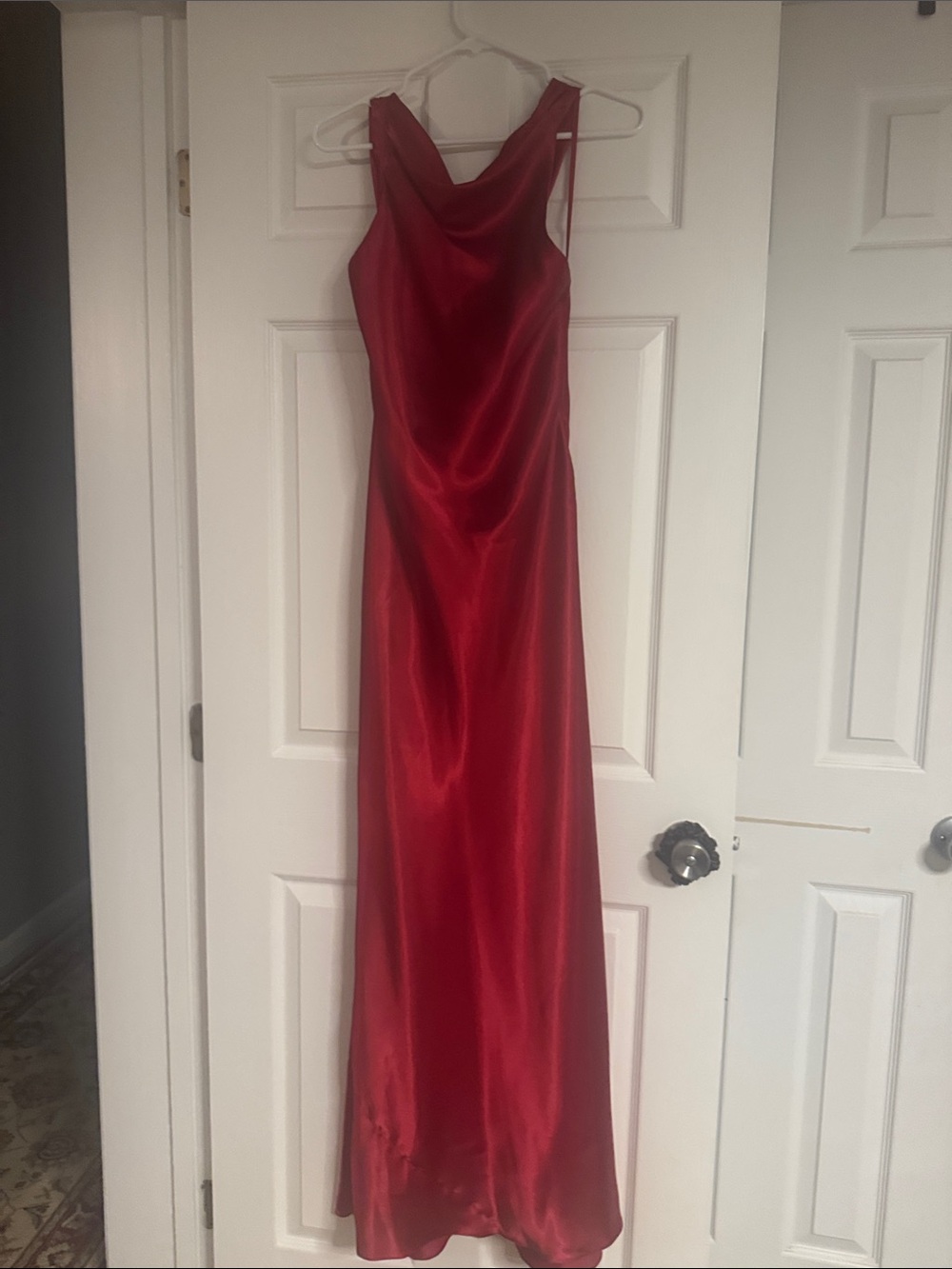 Betsy & Adam Red Satin Cowl-Neck Maxi Gown